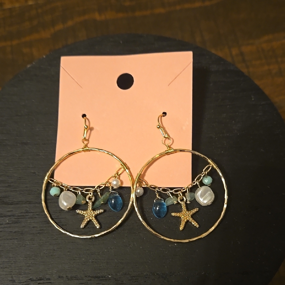 Gold Starfish Hoop Earrings with Blue and Green Accents With Genuine Stone Beads